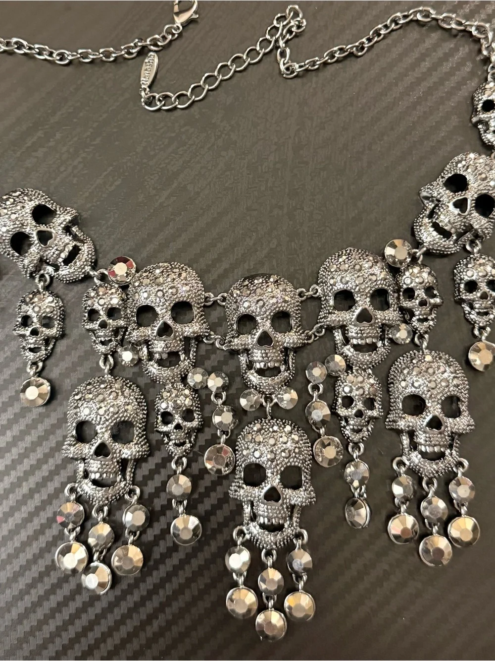 Natasha Couture Gunmetal Rhinestone Gothic Skull Dangle Statement Necklace